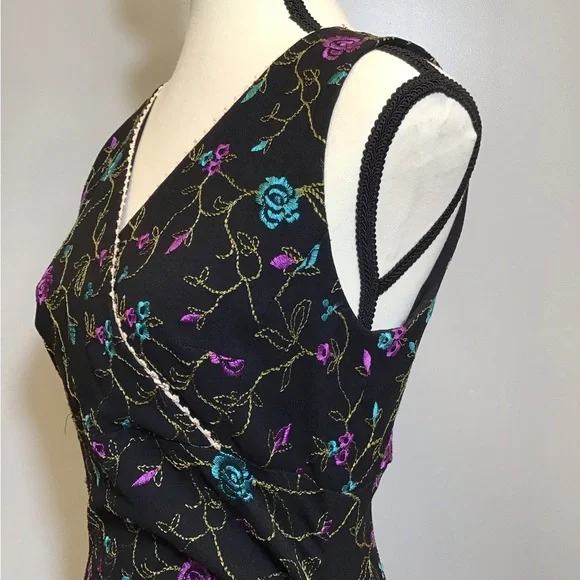 Vintage 90s Nicole Miller Floral Midi Embroidered Lace V-Neck Black Dress Size 8 - Picture 7 of 16